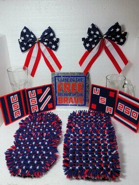 Handmade Coasters Woven and Embroidered in Red White and Blue